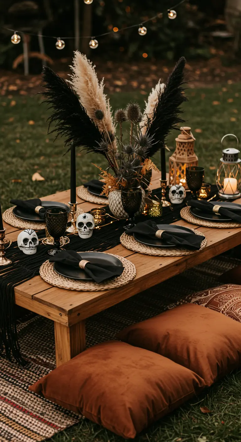 Niedriger Holztisch als Picknick-Setup mit Kissen, Pampasgras und kleinen Totenköpfen.