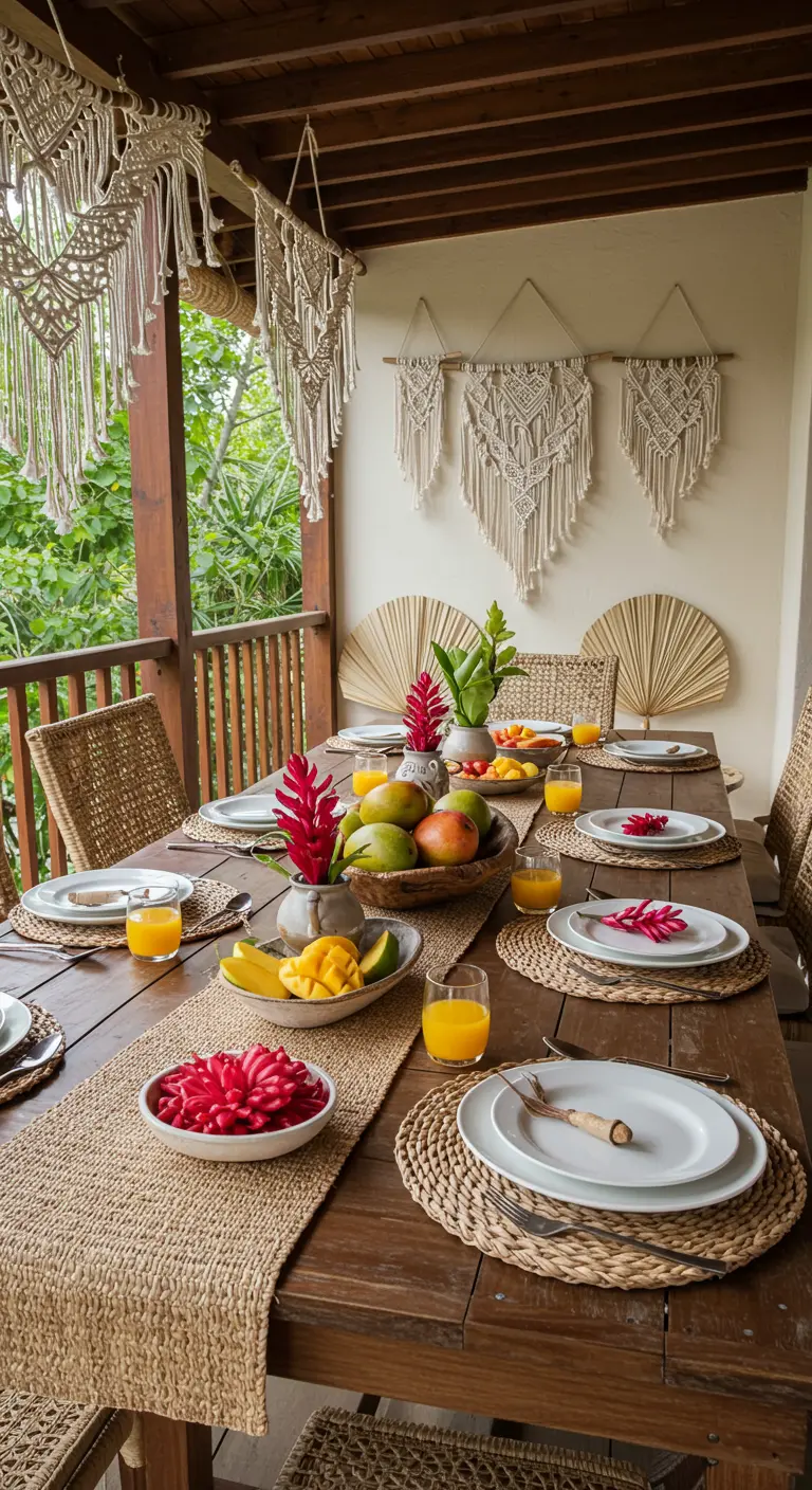 Gedeckter Tisch im Boho-Stil mit Makramee, gewebten Platzsets und tropischen Früchten