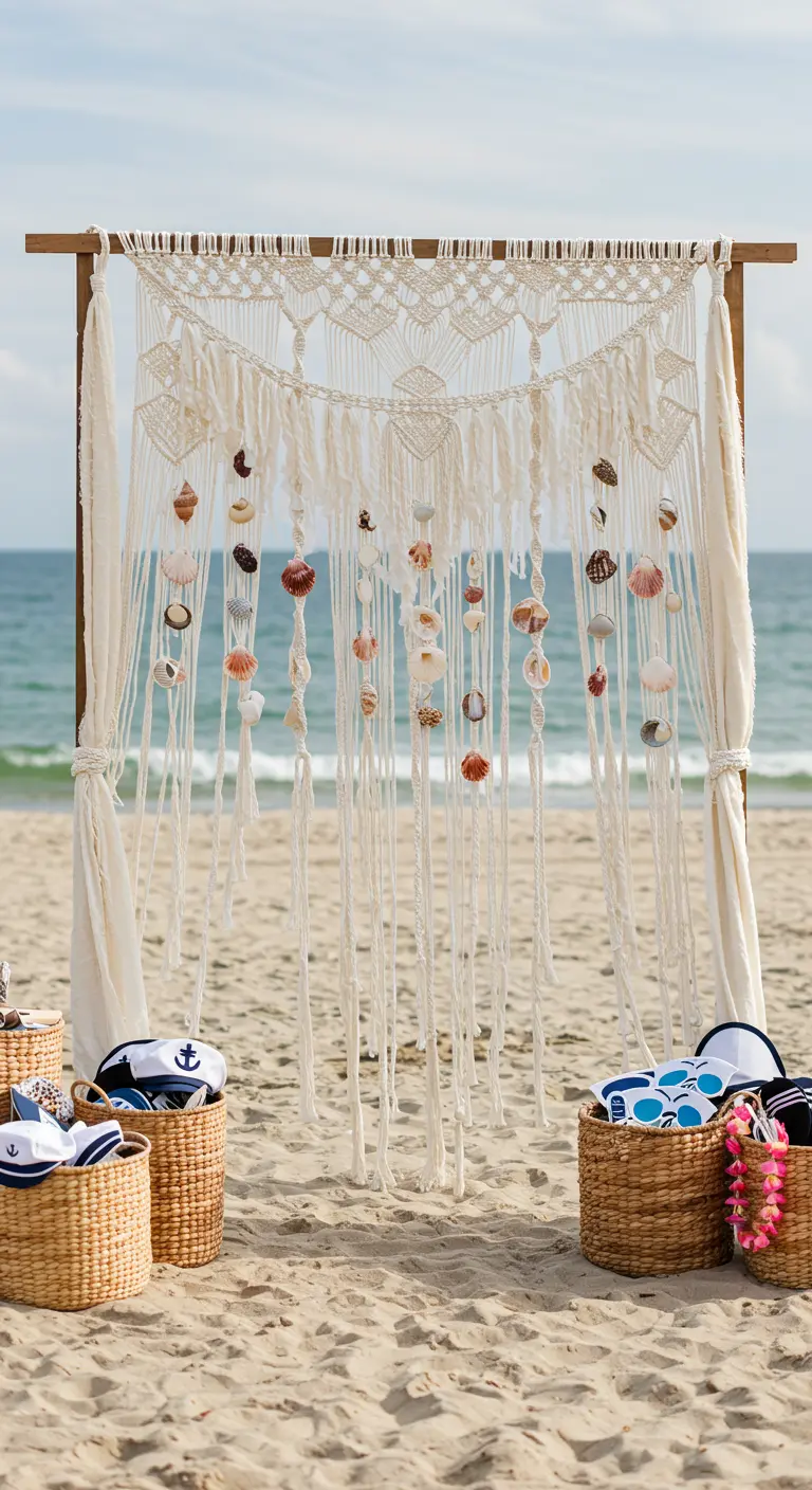Hochzeitsbogen am Strand mit einem großen Makramee-Vorhang, in den Muscheln eingearbeitet sind.
