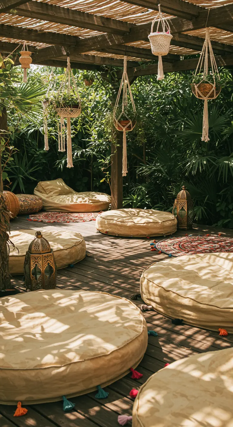 Große, runde Bodenkissen aus beigem Segeltuch in einer Boho-Lounge-Ecke.