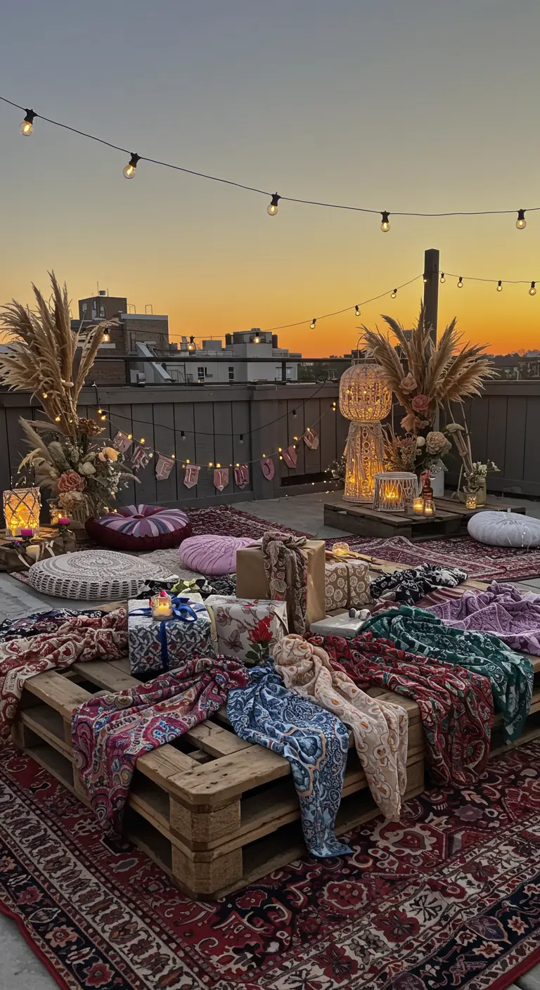 Geschenke eingewickelt in bunte Tücher auf einer Paletten-Lounge auf einer Dachterrasse.