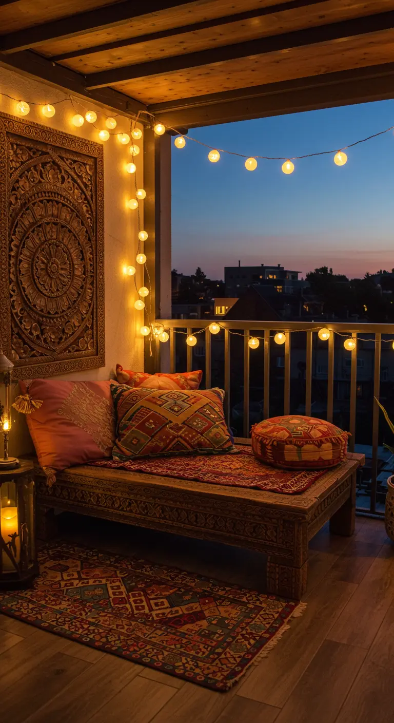 Balkon-Lounge mit einem Tagesbett aus einer geschnitzten Holztür und Lichterketten.