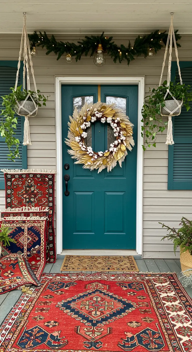 Haustür im Boho-Stil mit geschichteten Teppichen und einem Kranz aus Trockenblumen.