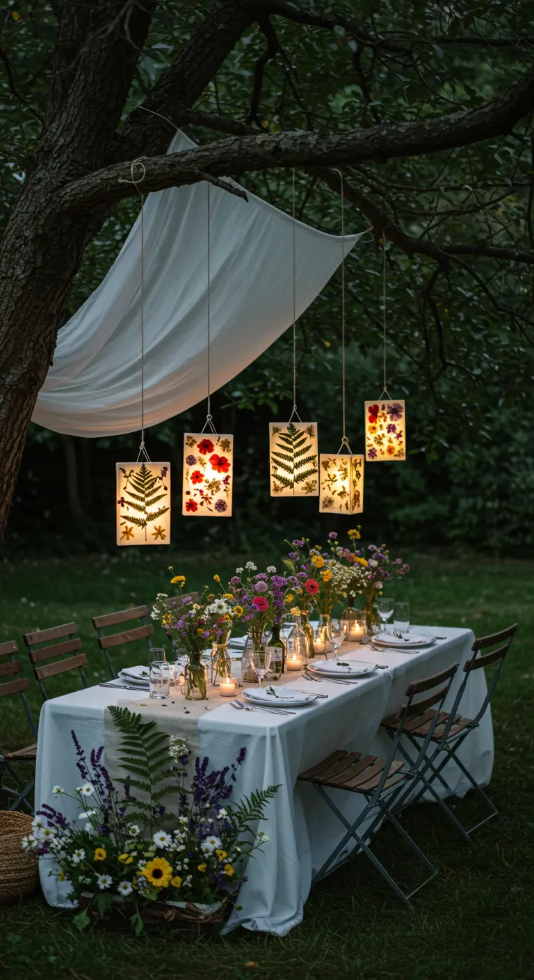 Hängende DIY-Laternen aus gepressten Blumen und Farnen über einem Gartentisch mit Wildblumen.