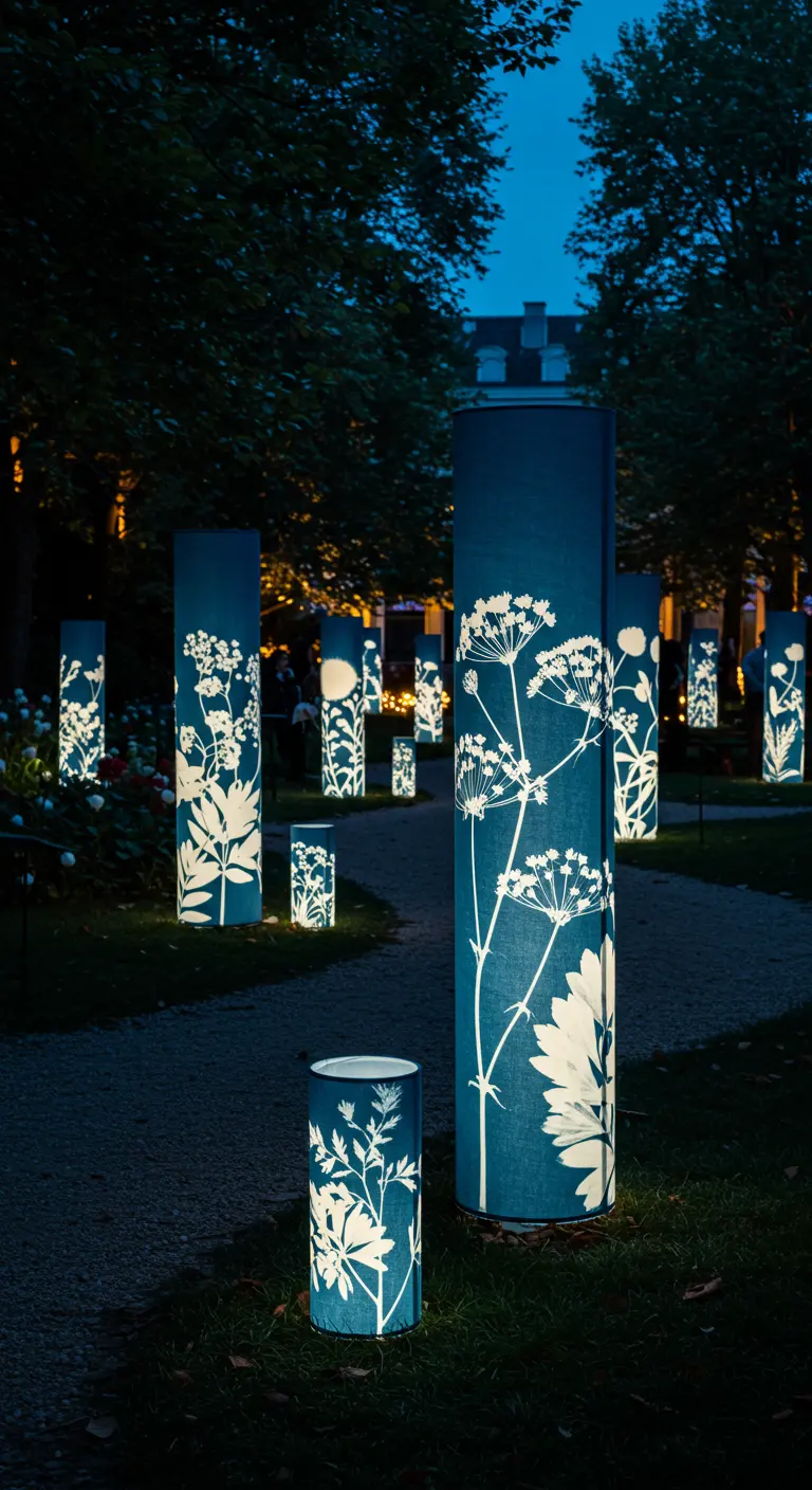 Hohe, zylindrische Lampions mit weißen botanischen Silhouetten in einem nächtlichen Garten.