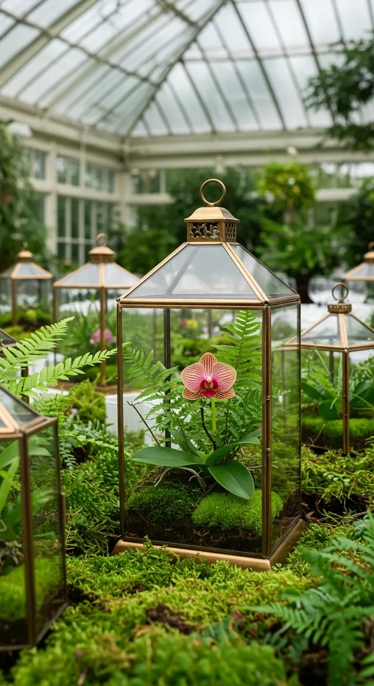 Eine Orchidee in einer gläsernen Messinglaterne, umgeben von Farnen und Moos.