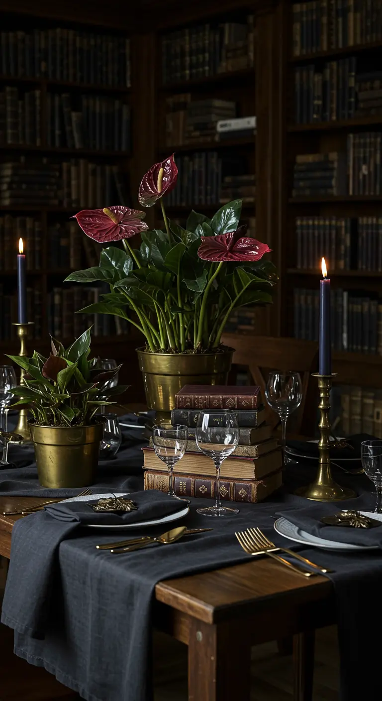 Tischdeko mit Anthurien in Messingtöpfen, gestapelten Büchern und Kerzenleuchtern.
