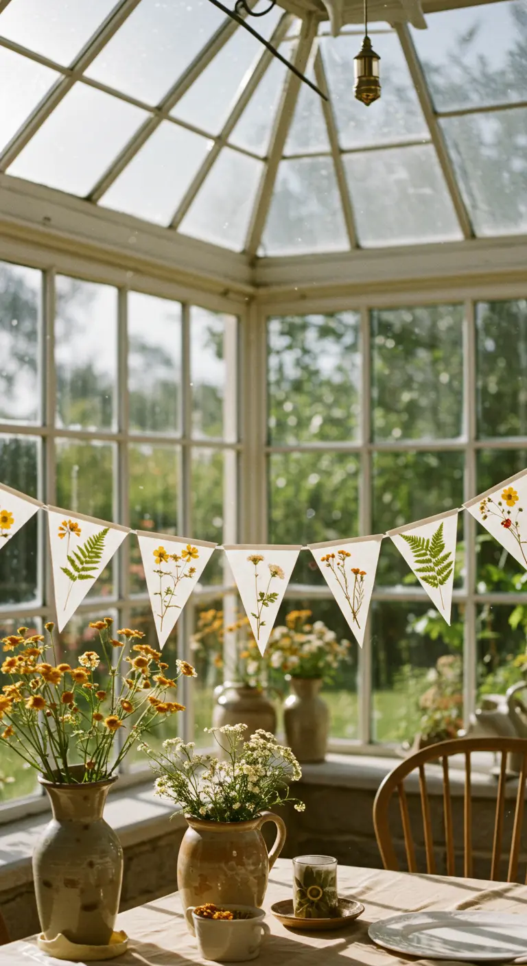 Eine Wimpelkette aus weißem Papier mit aufgeklebten, gepressten gelben Blumen und Farnen in einem sonnigen Wintergarten.