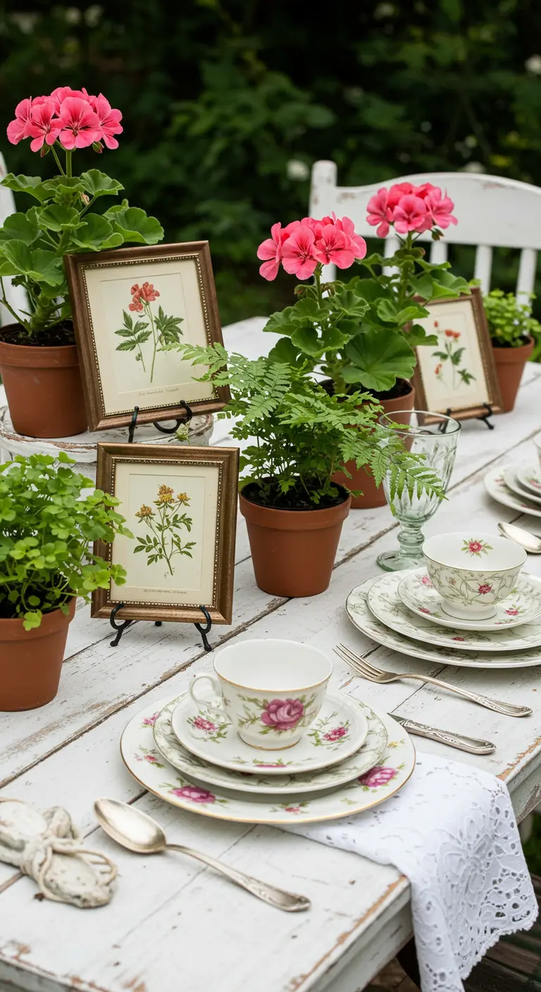 Gartentisch mit Geranien in Töpfen und gerahmten botanischen Zeichnungen.