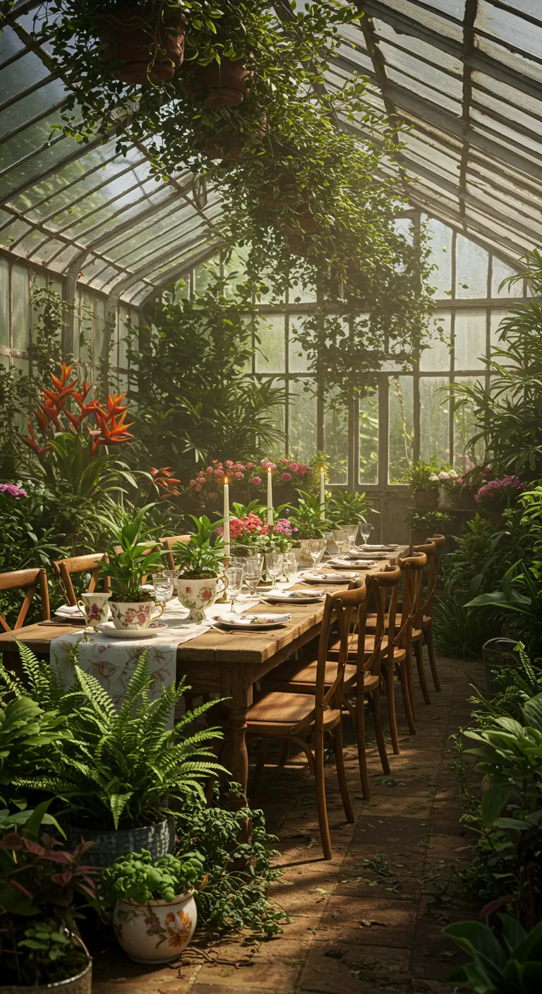 Üppig gedeckter Tisch in einem Gewächshaus, mit als Pflanzgefäße genutzten Teetassen.