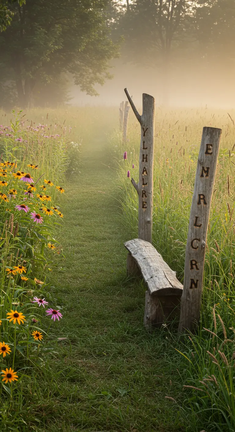 Große, rustikale Holzpfosten mit eingravierten Buchstaben an einem Wiesenpfad.