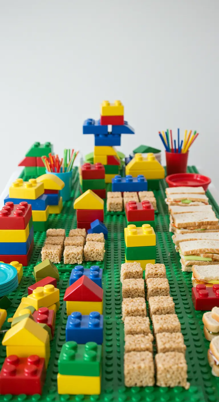 Buffet mit Snacks und Deko in Form von bunten Klemmbausteinen auf einer grünen Bauplatte
