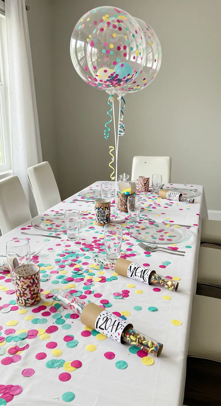 Weißer Tisch übersät mit buntem Konfetti und Konfetti-gefüllten Ballons.