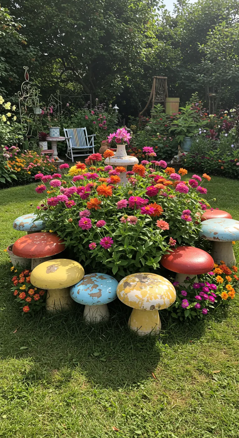 Ein Kreis aus bunt bemalten Beton-Pilzhockern im Shabby-Chic-Look um ein Beet mit rosa Zinnien.