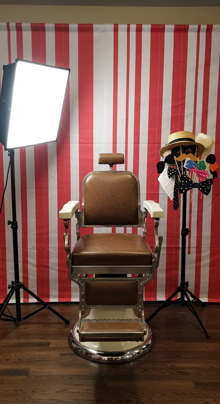 Ein alter Friseurstuhl vor einem rot-weiß gestreiften Hintergrund, bereit für ein Fotoshooting.