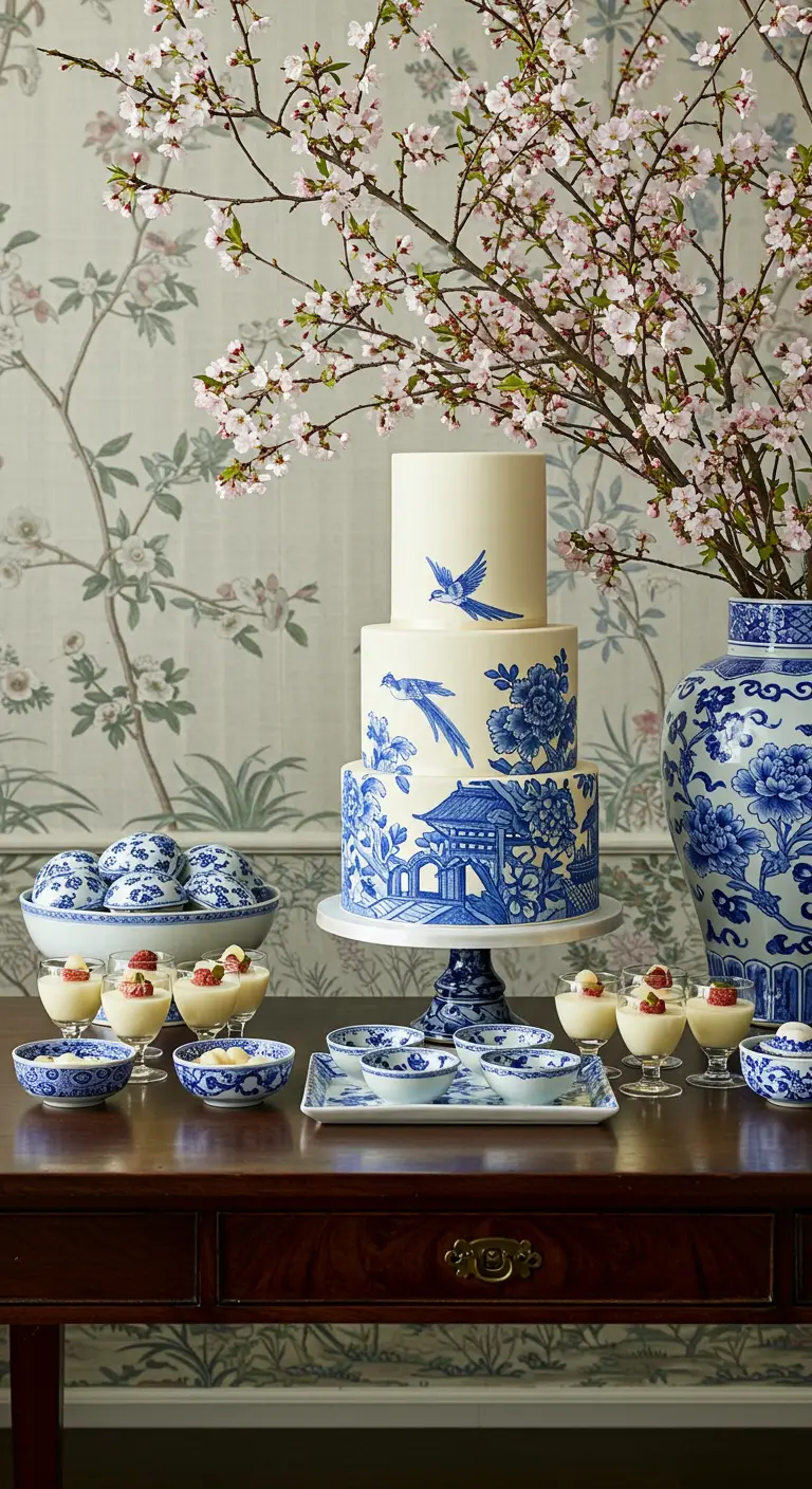 Mehrstöckige Torte mit blau-weißer Chinoiserie-Bemalung auf einem antiken Holztisch.