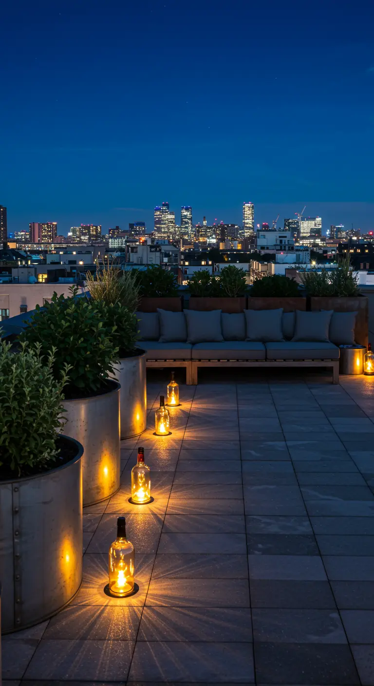 Eine Dachterrasse mit Blick auf die Stadt, beleuchtet von einer Reihe eleganter Flaschenlichter.