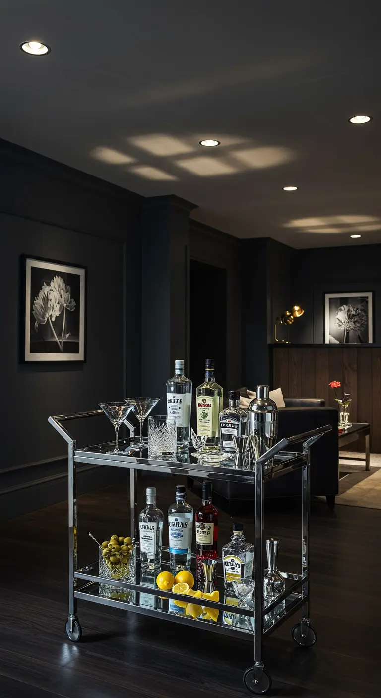 Glänzender Chrom-Barwagen mit Gin-Flaschen und Martini-Gläsern in einem modernen, dunklen Raum