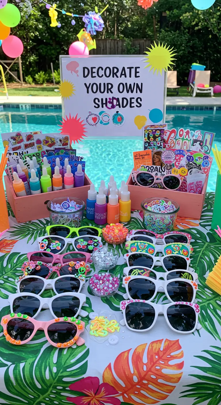 Ein Tisch am Pool mit Sonnenbrillen, Stickern und Perlen zum individuellen Verzieren.