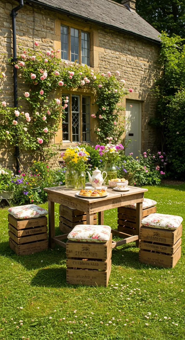 Gartentisch mit vier Weinkisten-Hockern mit geblümten Polstern vor einem Steinhaus.