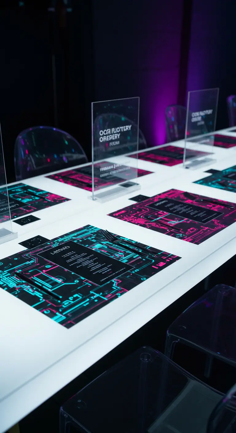 Futuristisches Tischgedeck mit Tischsets im Neondesign auf weißem Tisch.