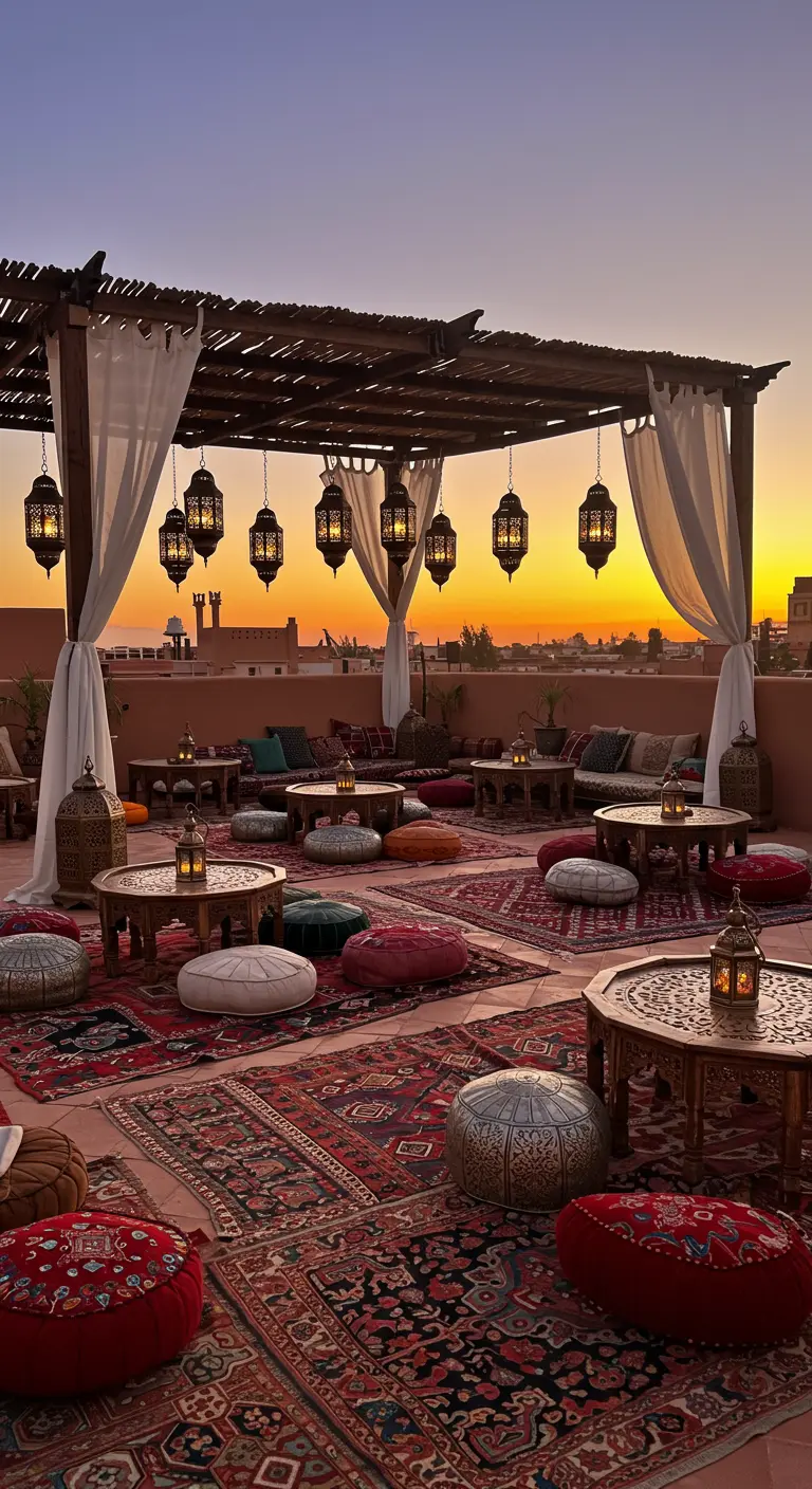 Marokkanische Dachterrasse mit Teppichen und Laternen bei Sonnenuntergang.