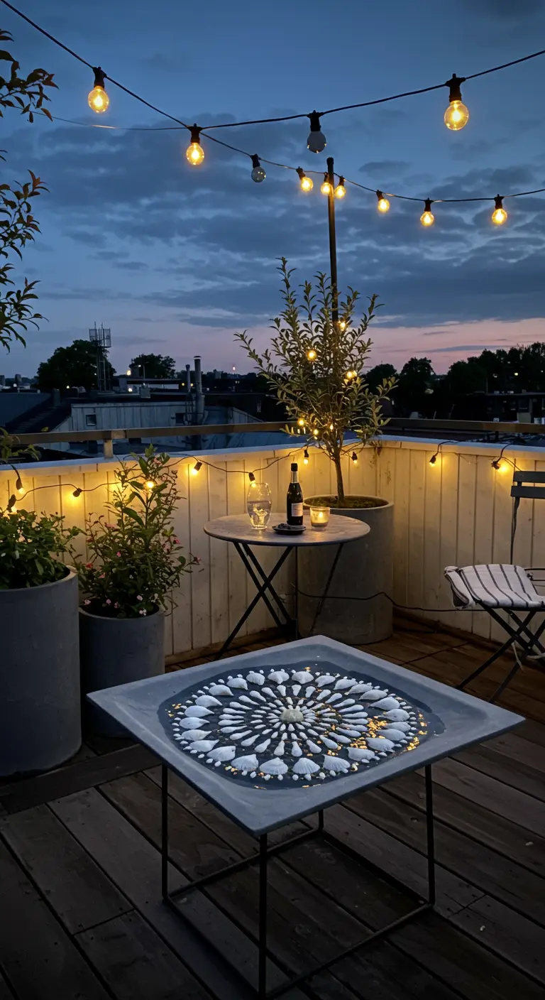 Quadratische Vogeltränke mit weißem Muschel-Mandala auf einer Dachterrasse bei Nacht.