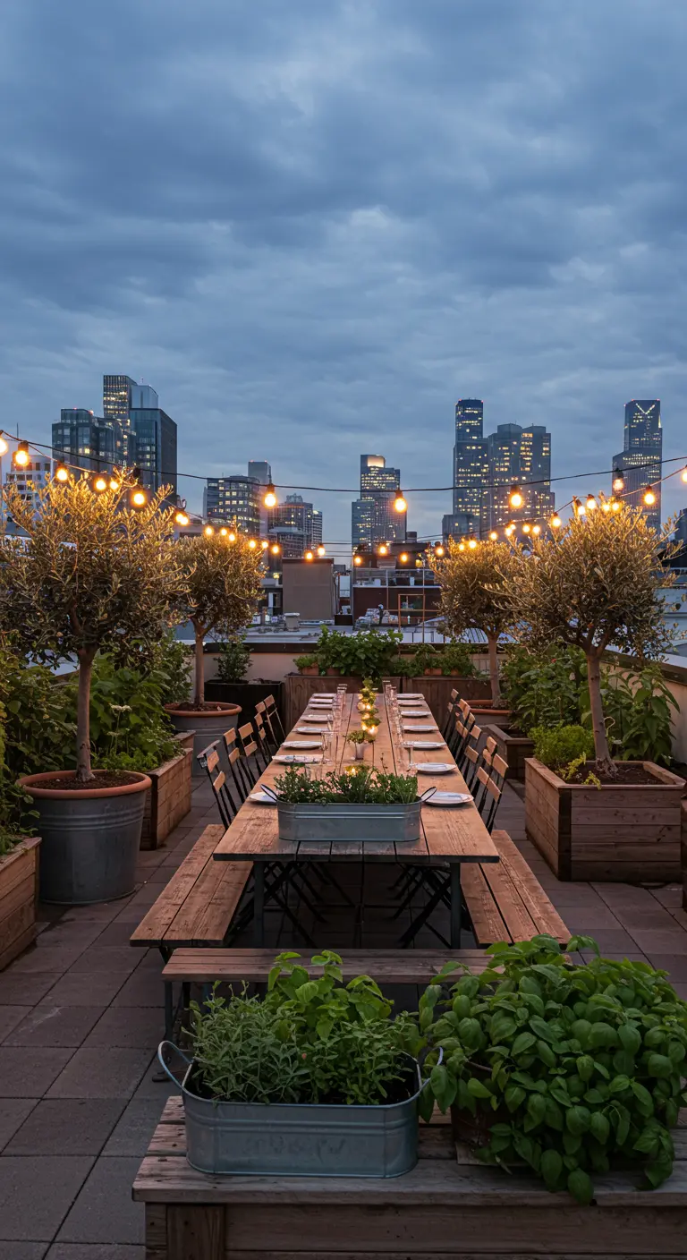 Rooftop-Dinner mit Lichterketten, umgeben von Olivenbäumen und Kräuterbeeten.