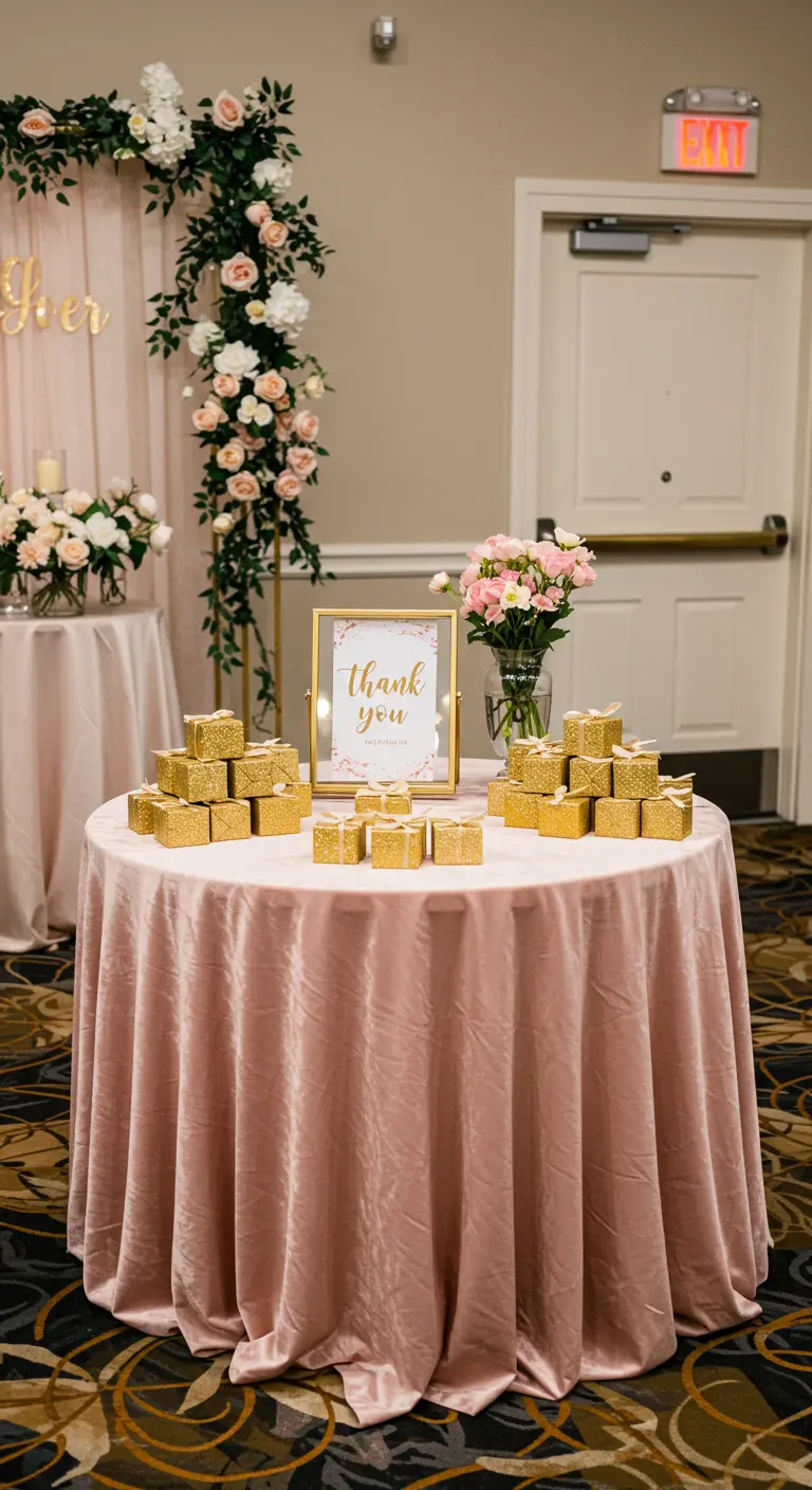 Runder Tisch mit rosa Samtdecke, beladen mit goldenen Gastgeschenken und einem Dankeschön-Schild