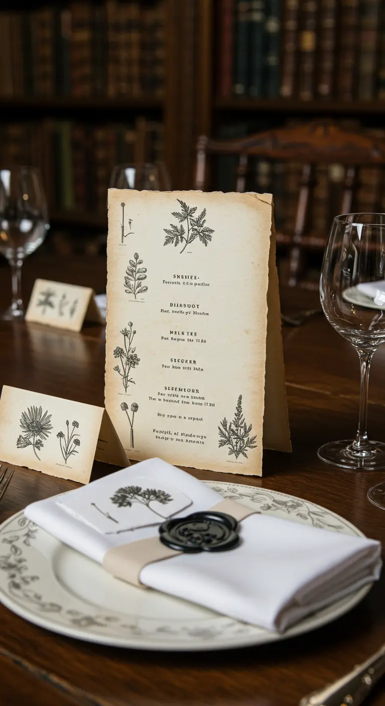 Menü im Vintage-Stil mit botanischen Zeichnungen und einer mit Wachs versiegelten Serviette.