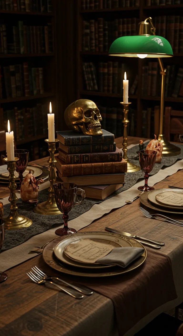 Ein Tisch mit einem goldenen Schädel auf einem Stapel Bücher und einer Banker-Lampe.