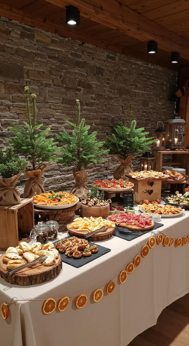 Buffet mit Häppchen, Holzdeko, kleinen Bäumen und Orangengirlande.