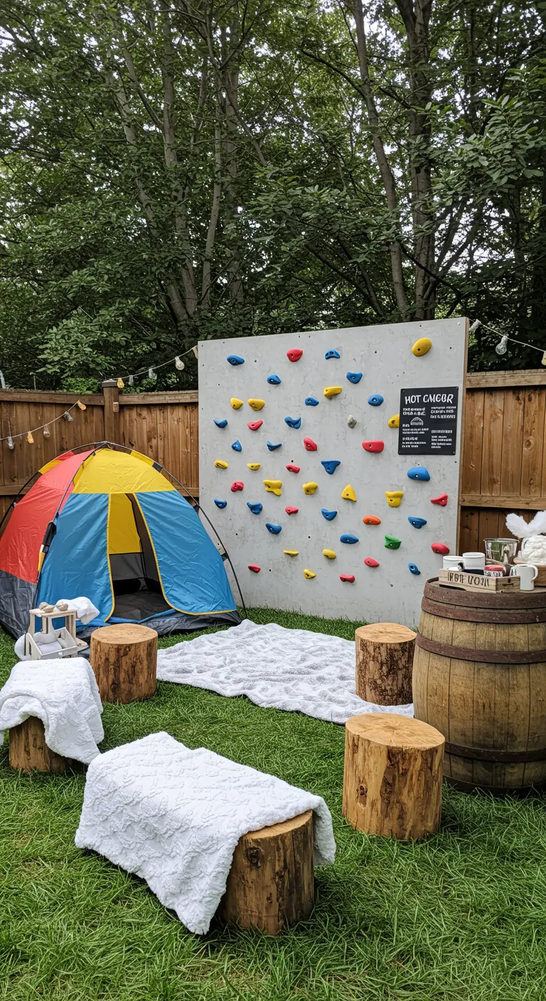 Outdoor-Kletterwand mit Zelt und rustikalen Sitzgelegenheiten aus Baumstämmen.