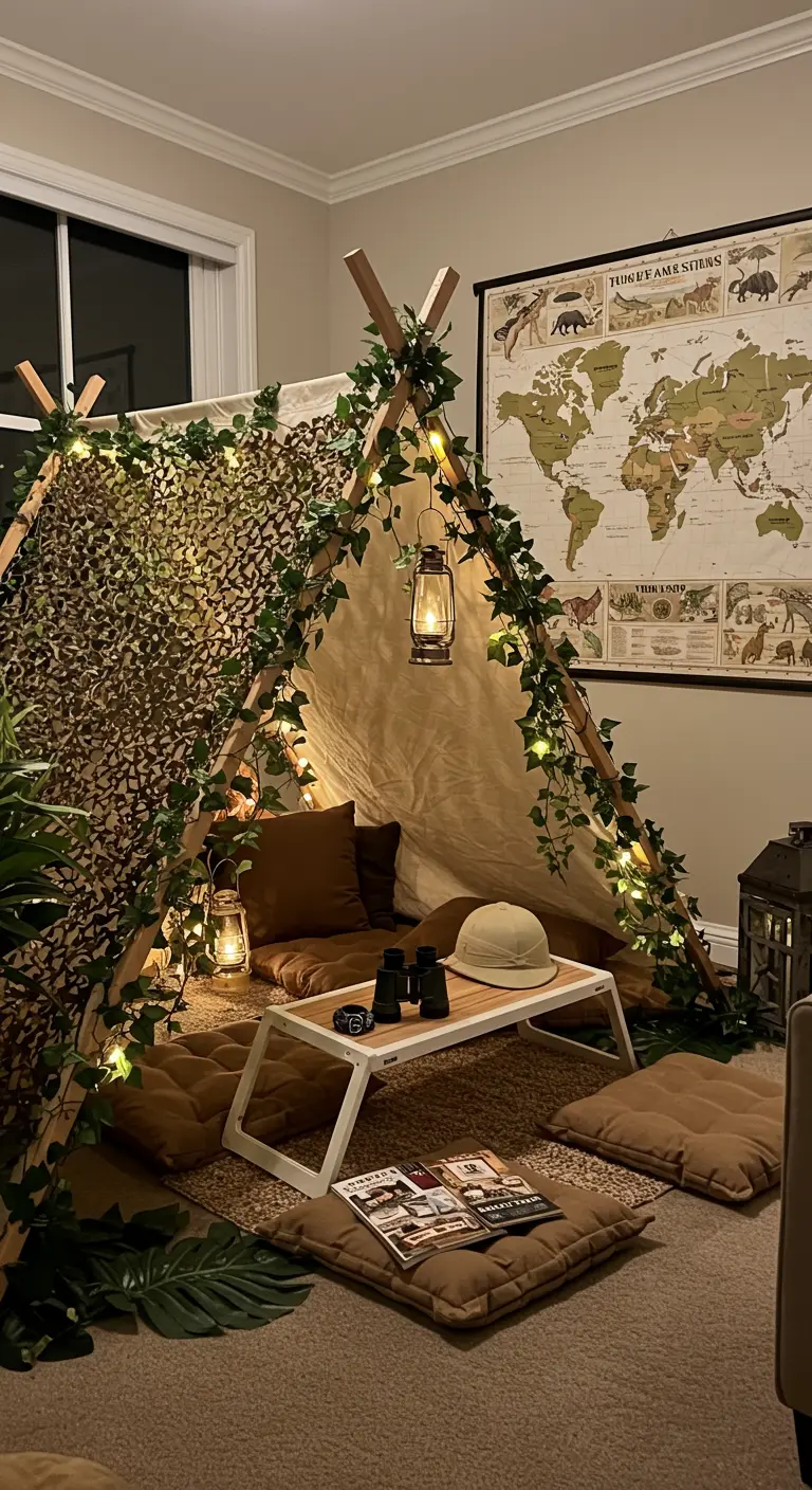 Gemütliches Tipi-Zelt mit Lichterketten und Safari-Deko für eine Abenteuerparty.