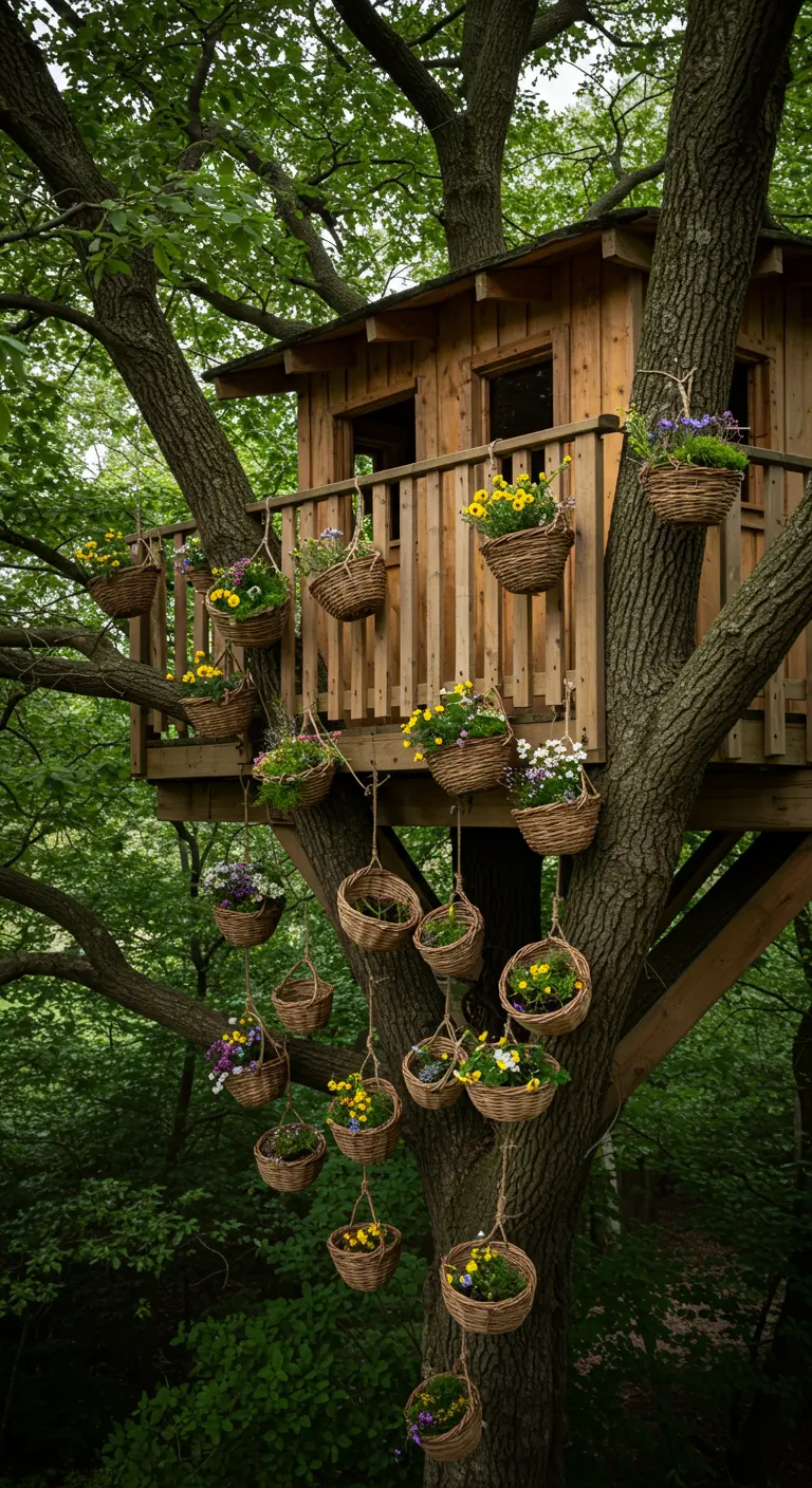 Viele kleine Weidenkörbe mit bunten Blumen schmücken das Geländer und die Wände eines Baumhauses.