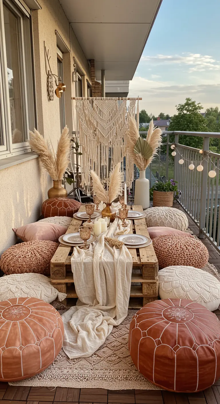 Boho-Balkon mit Palettentisch, vielen Sitzkissen und Pampasgras-Deko.