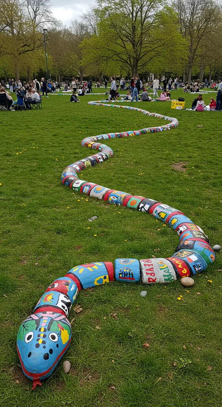 Eine sehr lange, bunte Steinschlange, von vielen Menschen bemalt, auf einer großen Wiese.