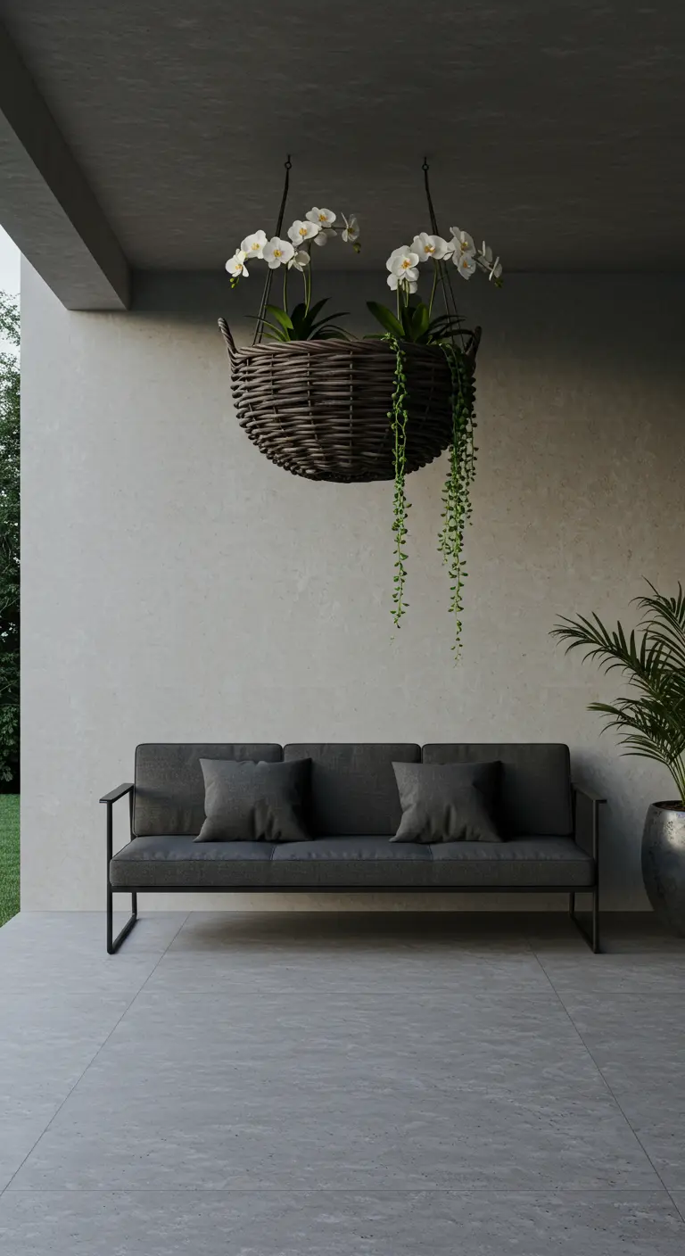 Ein großer, dunkler Weidenkorb mit weißen Orchideen hängt über einem modernen grauen Sofa.