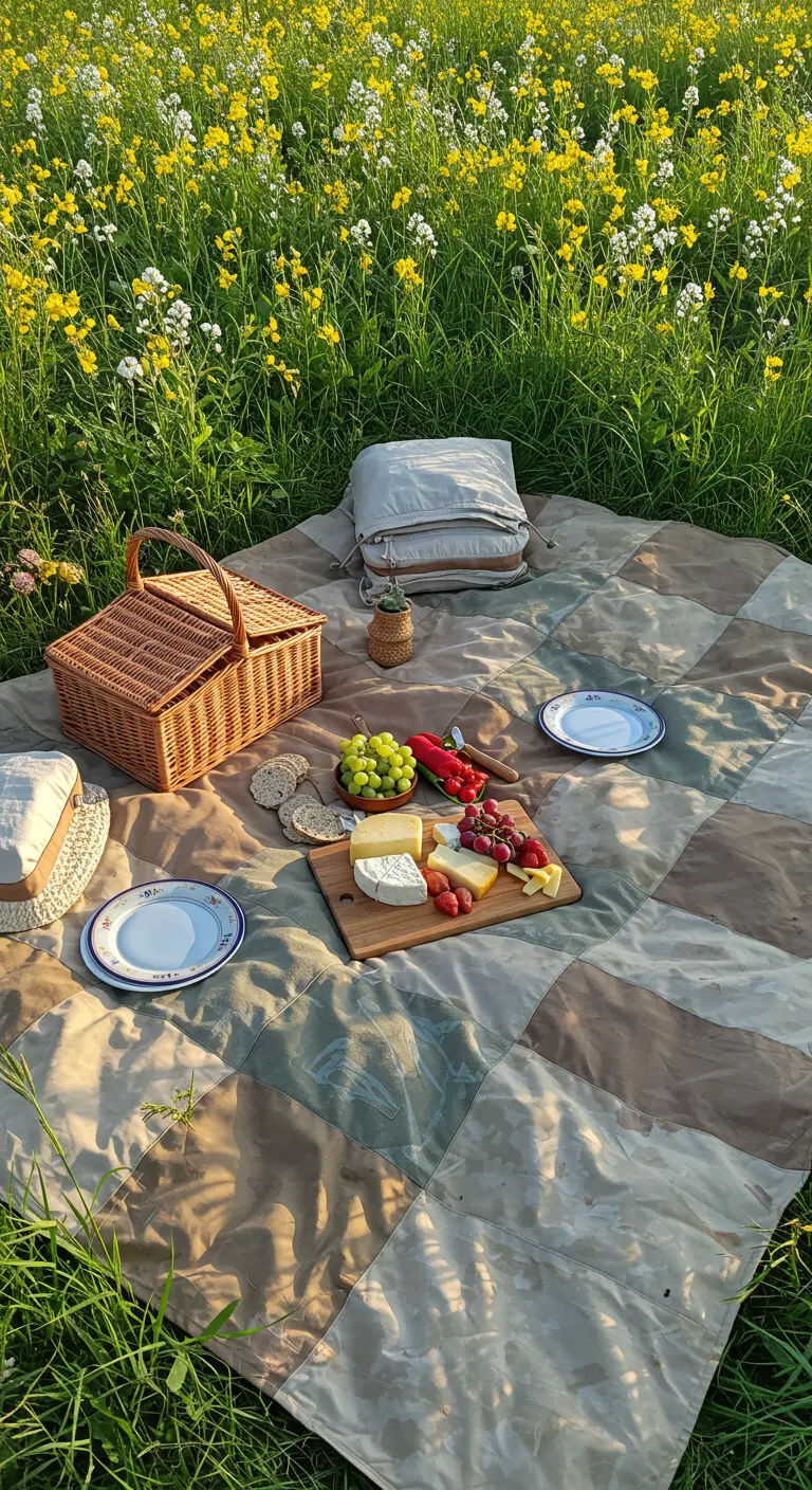 Große Patchwork-Decke aus Erdtönen auf einer Blumenwiese mit Picknickkorb.