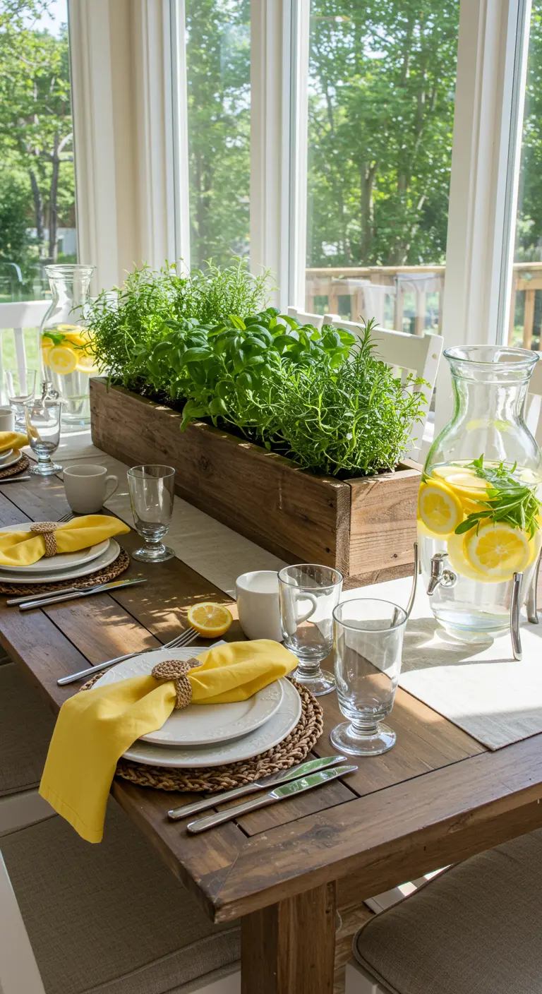 Langer Holzkasten gefüllt mit frischen Kräutern als Mittelstück auf einem Esstisch.