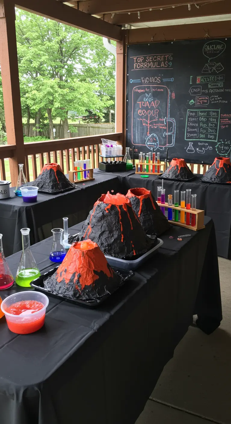 Wissenschafts-Partystation mit selbstgemachten Vulkanen und bunten Reagenzgläsern.