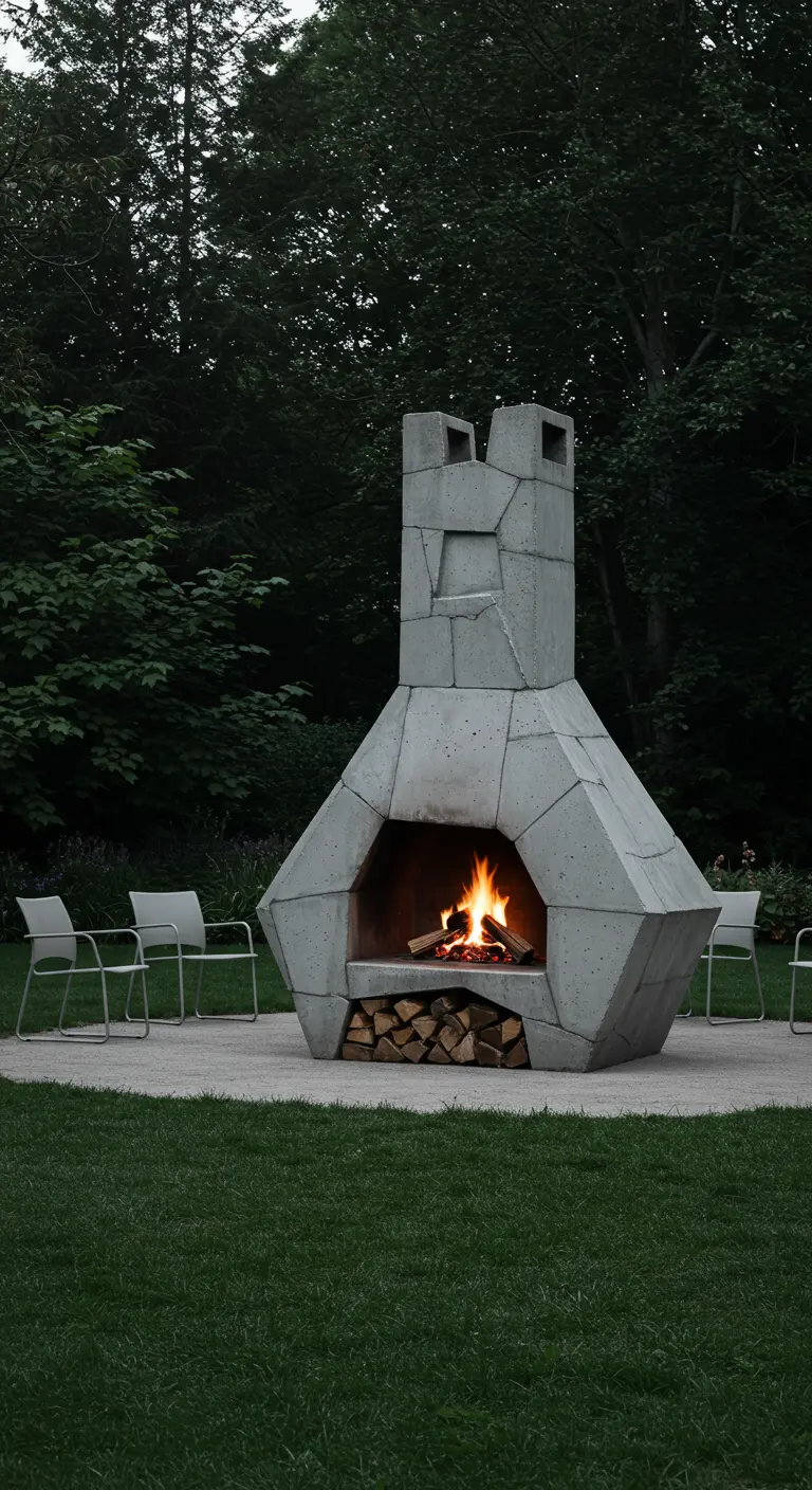 Abstrakte, skulpturale Beton-Feuerstelle auf einer Rasenfläche.