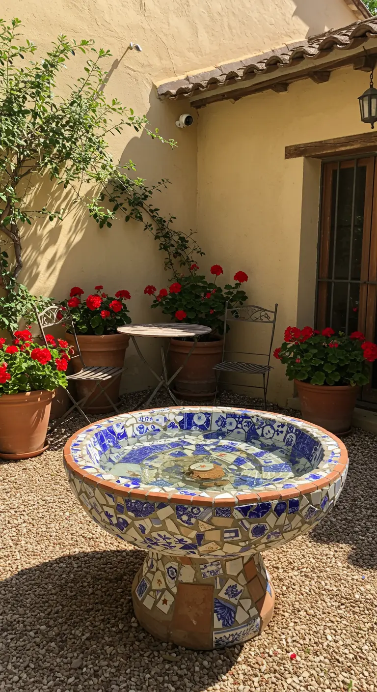 Mosaik-Vogelbad aus blauen und weißen Porzellanscherben in einem mediterranen Innenhof.