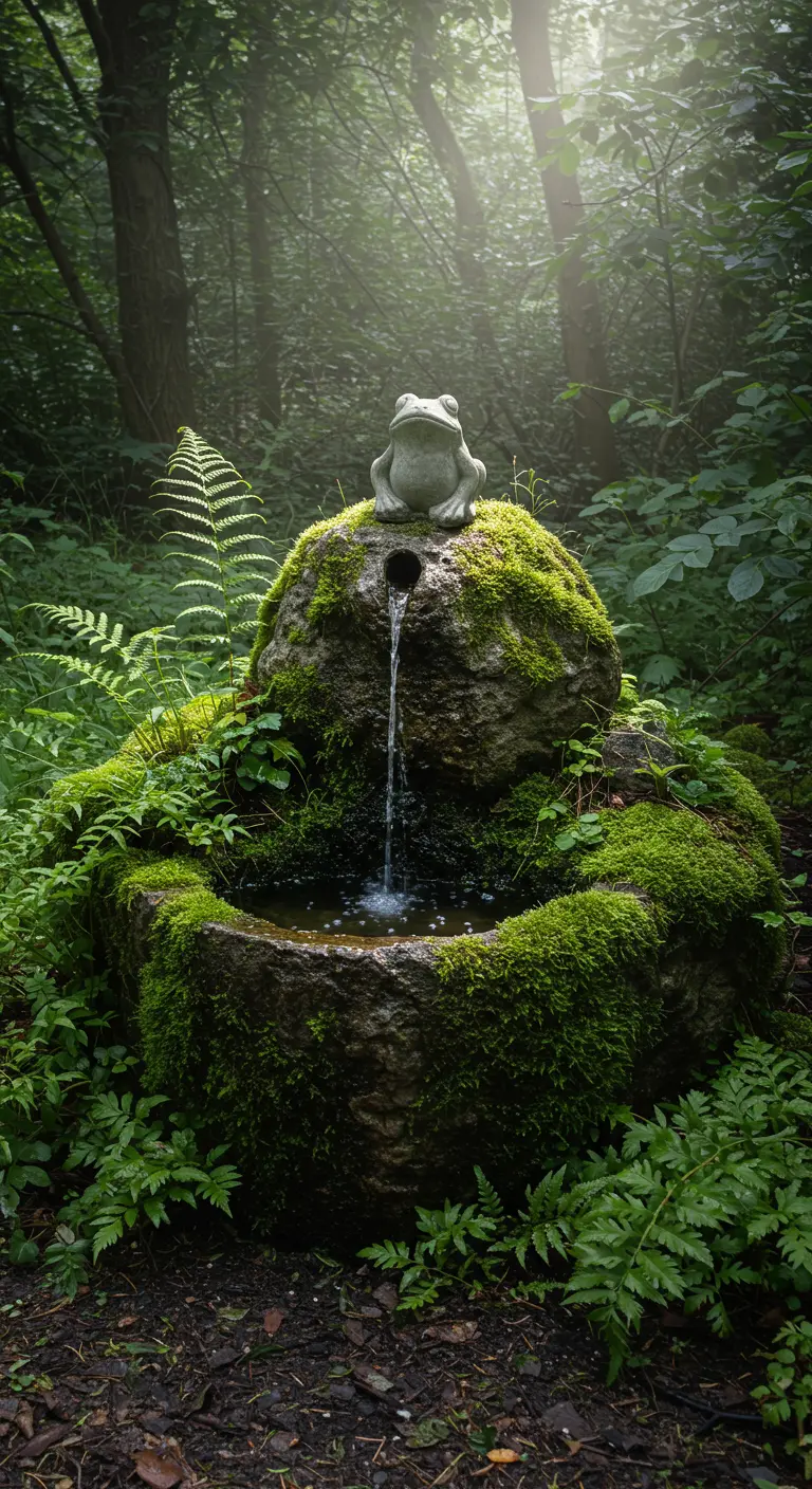 Ein moosbewachsener Frosch-Quellstein in einer schattigen, waldähnlichen Umgebung.