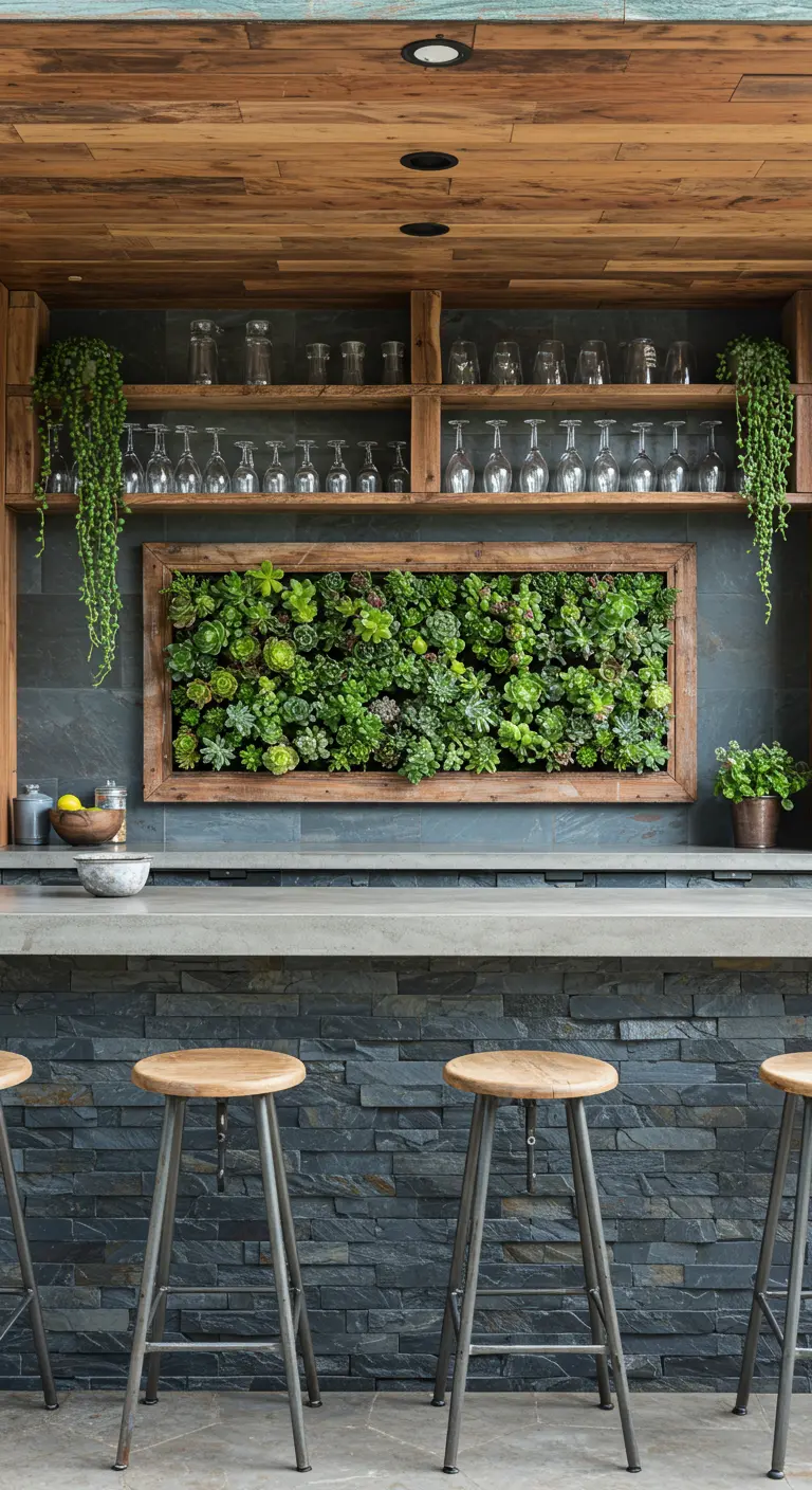Ein rechteckiger Sukkulentengarten hängt hinter einer modernen Outdoor-Bar.
