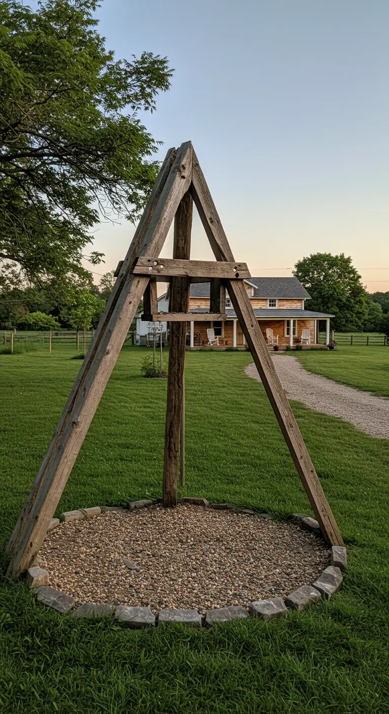 Großes A-förmiges Futtergestell aus alten Holzbalken auf einer Wiese.