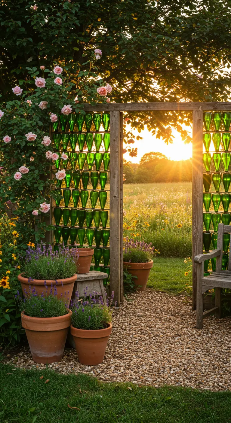 Ein Gartentor aus grünen Weinflaschen, umrahmt von Rosen und Lavendel bei Sonnenuntergang.