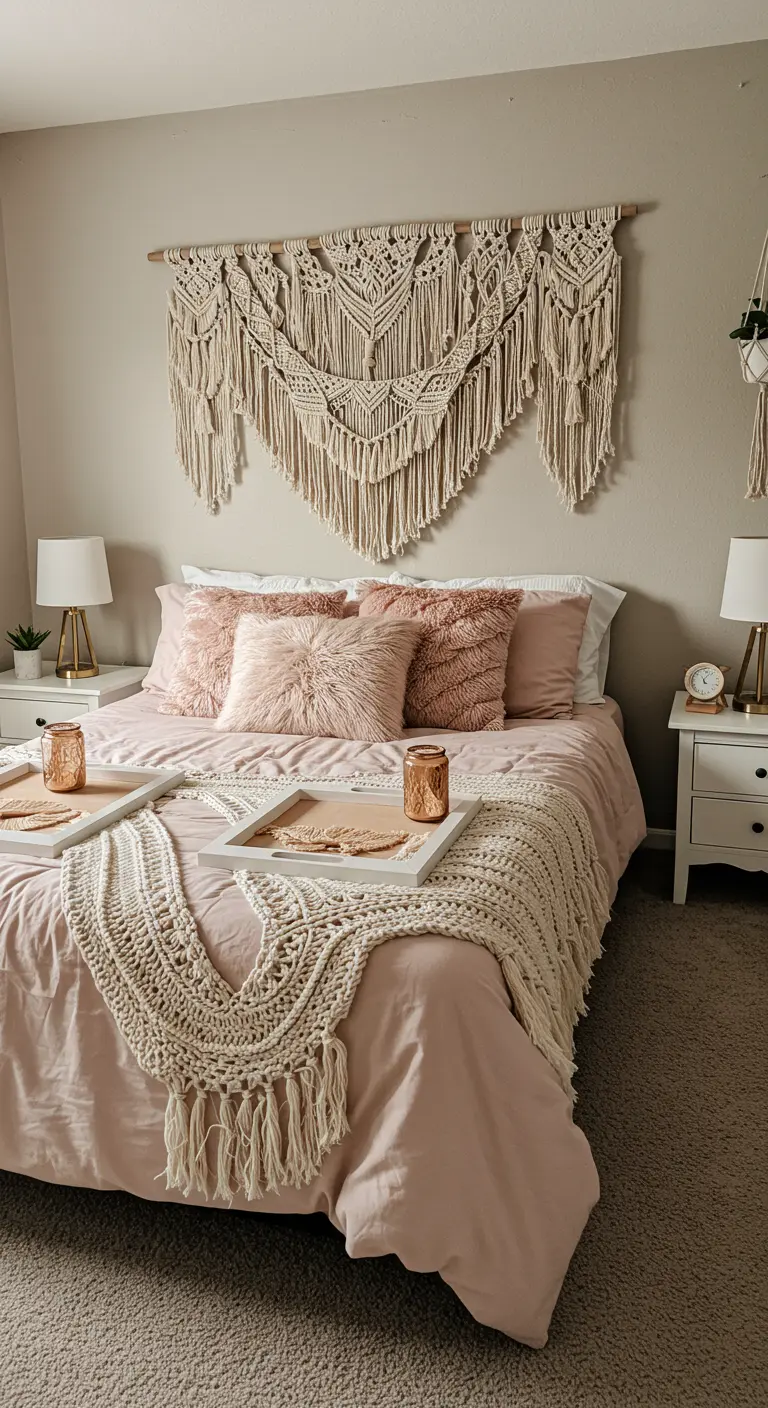 Ein gemütliches Schlafzimmer mit einem großen Makramee-Wandbehang über dem Bett in Rosatönen.