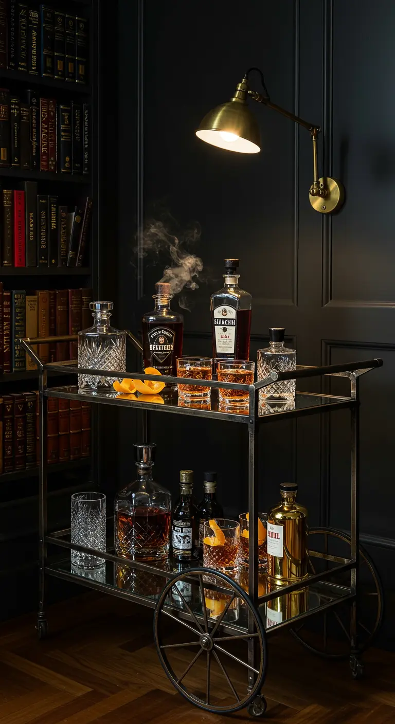 Dunkler Barwagen mit Whiskey-Karaffen, beleuchtet von einer goldenen Lampe