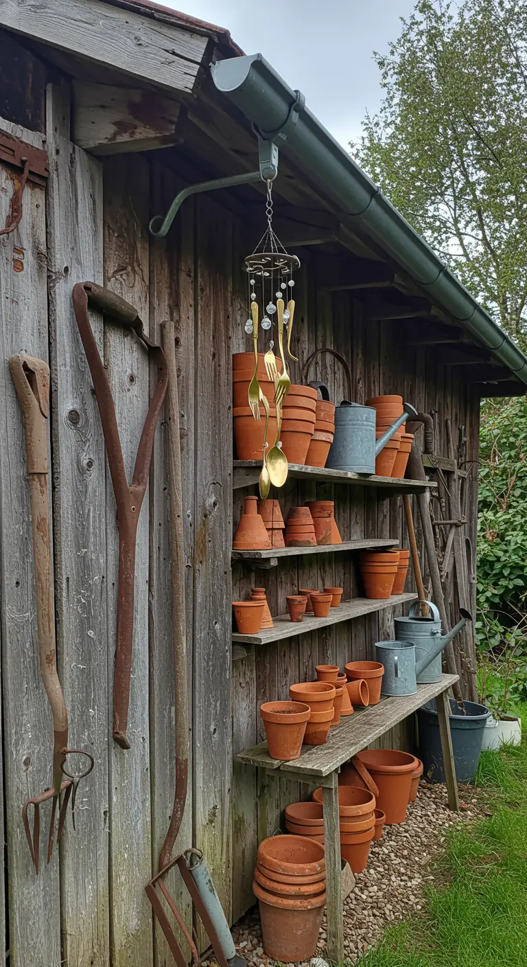 Goldenes Besteck-Windspiel hängt an einem rustikalen Holzschuppen neben Gartengeräten.